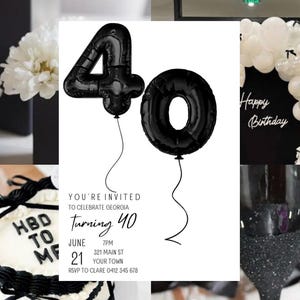 40. Geburtstag einladen, digitale Download-Vorlage, druckbare Einladung, 40. Geburtstag, Schwarzweiß einladen, klassisches, modernes Design