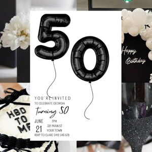 Peut inclure: Un collage d'éléments de fête d'anniversaire. Ballons noirs en forme de chiffre 50, un gâteau avec l'inscription "HBD TO ME" et une invitation de fête avec le texte "Turning 50". Des fleurs blanches dans des vases noirs et des flûtes à champagne sont également visibles.