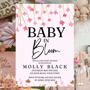 Baby-Dusche-Einladung Digital Download Vorlage, Baby In Bloom einladen, rosa Blume-Baby-Dusche einladen, Baby-Mädchen-Feier