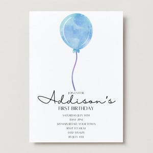 May include: A blue watercolor balloon with a purple string, a white card with black text that reads "Addison's First Birthday", "Saturday July 11th 11AM-2PM", "321 Main Road, Your Town", "RSVP to Mum", "0412 345 678", "By July 4th".