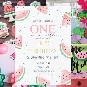 One In a Melon Invite Digital Download Template, Printable Invitation, First Birthday Party, Melon Theme Birthday, Baby Girl Invite