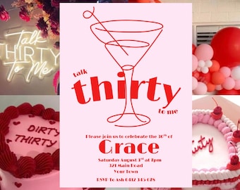 Talk Thirty to Me Invitation | Red & Pink 30th Birthday Party Invite | Editable Adult Birthday Printable | Funny Thirty Birthday Template