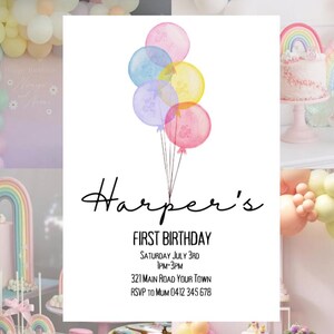 Balloon Birthday Invitation Digital Download Template Invite, Colourful Balloon Invite, First Birthday Party, Rainbow Balloons