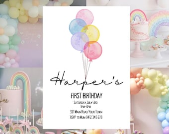 Balloon Birthday Invitation Digital Download Template Invite, Colourful Balloon Invite, First Birthday Party, Rainbow Balloons