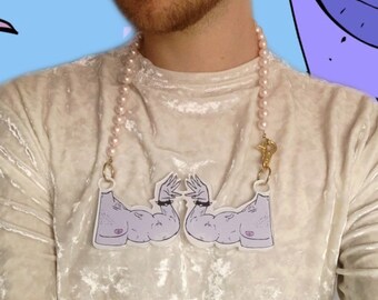 Muscles N Pearls Masc & Femme Japanese Kawaii Aesthetic Streetwear Necklace by Queer Owned Fashion Label Indie Artist Lactose Gay LGBTQ Gear
