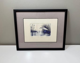 Grabado original de edición limitada de Rhodes, enmarcado, que representa una garza, 33 x 26,7 cm.