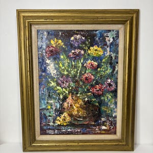 Framed oil painting on board &quot;Bouquet of flowers in vase&quot;, Signed 17.5&quot;x21.5&quot;