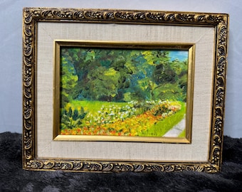 Pintura al óleo impresionista de una escena de jardín, firmada por Padure, 10"x8".