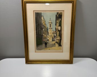 フランス、ニースの街並みを描いた、画家F・ルイ・ルヴェによる手彩色エッチング作品（13インチ×17インチ）