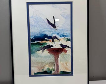 14"x18" Framed signed authentic mixed media on Yupo depicting crows at a feeder