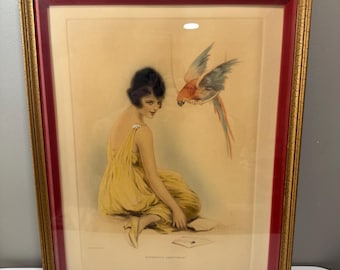 Vintage EDA DOENCH dama z papugą nadruk - ArtDeco „Somebody's Sweetheart” 16"x21"