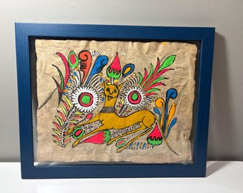 15.5インチ×12.5インチ アマテ樹皮紙に描かれたメキシコのヴィンテージ民芸絵画