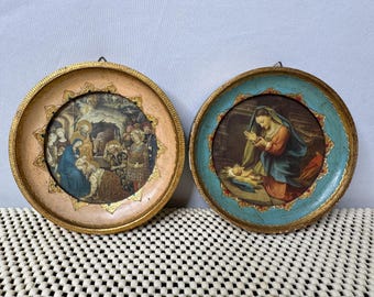 Para - zabytkowe religijne talerze ścienne - Madonna z Dzieciątkiem / Szopka, średnica 4,5"