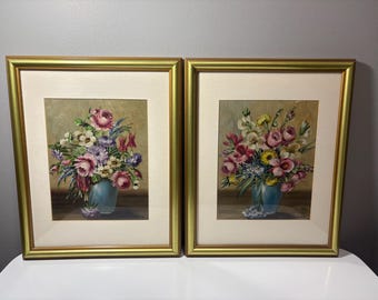13インチ×16インチ ジャネット・エドナ・グリーンリーフ作 額入り印象派の本格花の油絵2枚