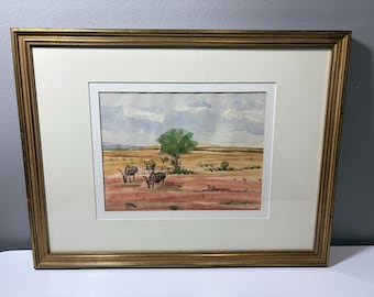 HADIYE によるサバンナの動物たちの水彩画（額入り、1983 年制作） - 17 インチ x 13 インチ
