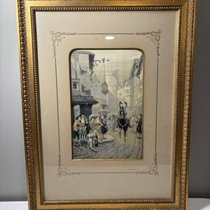 16"x21.5" Framed Vintage woven silk painting of an European street scene