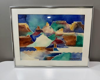 18インチ×14インチの額装された抽象的な水彩画の南西部風景画、サイン入り