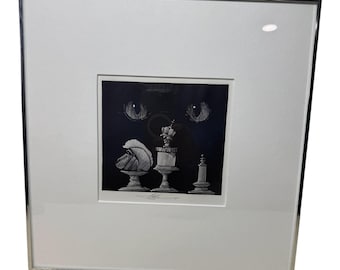 Gravura de Barry Moser, prova de artista, emoldurada, 30x30 cm, "Gatinho com Xadrez", assinada.