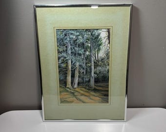 13インチ×17インチの額装済みオリジナル水彩画、静かな森の風景