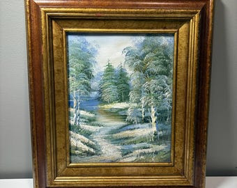 14インチ×15.5インチの額入りの本格的な油絵。白樺と川のある冬の風景。