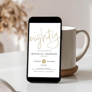 Mobiele uitnodiging 80e verjaardag, tachtigste partij digitale uitnodiging, bewerkbare canvassjabloon, moderne minimale partij, script telefoontekst SCT80