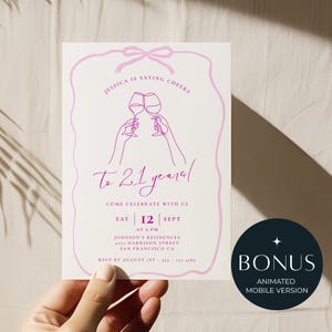 21st Birthday Invitation, Editable Canva Template, Pink Bow Coquette, Cheers to 21 Years Bday, Digital  Text Invite, Twenty One Years PB21
