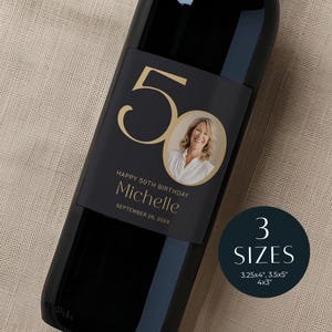 Printable Wine Bottle Label Template for 50th Birthday with Photo, Editable Canva Champagne Bottle Sticker, Fiftieth Party Gift Tag SP50