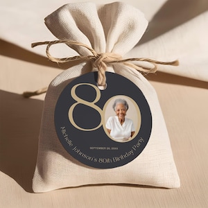 80. Geburtstag Party Favor Tag, bearbeitbare Canva Vorlage, druckbares Gold Thema, rundes Foto Minimal Etikett, Achtziger Feier Design SP80