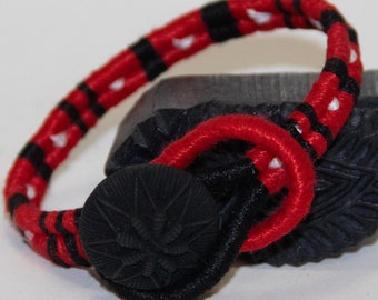 8.5" Double Red and Black Stripe Bracelet w/black fabric button closure