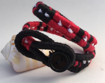 Coiled Linen Boho Bracelet 6" Red and Black with White dots