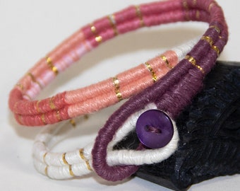 6.75" Double loop Pink White & Gold Bracelet w/purple button closure
