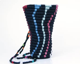 Black multi color stripe basket necklace