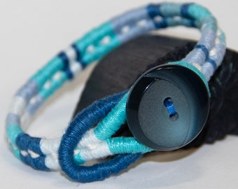 8" Aqua Blue Stripe Linen Bracelet w/blue wave button closure