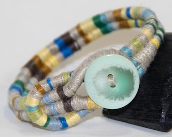 7.25" Boho Linen Bracelet w/Aqua button closure