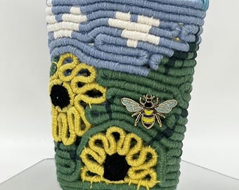 Black-eyed Susan and Bumblebee Coiled Linen Basket