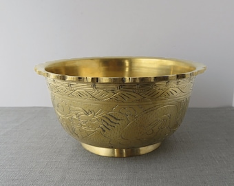 Vintage Brass Bowl, Etched Dragons