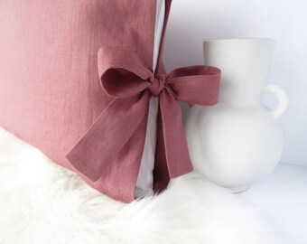 Linen Pillow with Side Tie, Bow Accent Lumbar Pillow, 12"x16", Rose Throw Pillow, Pillow Included