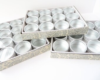 Vintage New Round Aluminum Tins With Clear Glass Lids, Box of 12