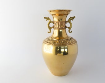 Heavy Solid Brass Vase Dragon Handles Vintage Vessel Decorative Home Decor