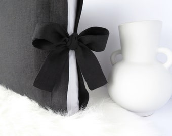 Linen Pillow with Side Tie, Pillow Insert Included, Bow Accent Lumbar Pillow, 12"x16", Black Throw Pillow, Insert Included