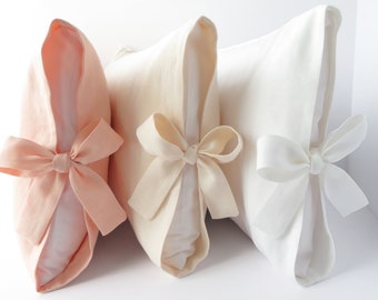 Linen Pillow with Side Tie, Bow Accent Lumbar Pillow, 12"x16", Cream Throw Pillow
