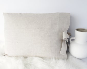 Linen Pillow with Side Tie, Bow Accent Lumbar Pillow, 12"x16", Natural Throw Pillow, Insert Included