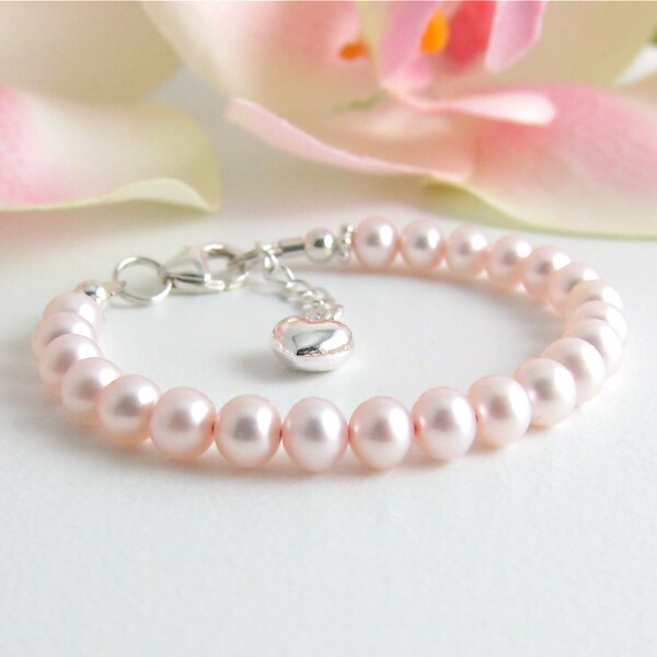 Pink Freshwater Pearl Bracelet Children Soft Pink Pearl Sterling Heart Charm
