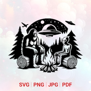 Bigfoot and Alien SVG: PNG, Campfire Clipart, Vector, Laser Cut File (Digital Download)