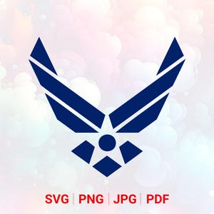 May include: A navy blue emblem with a star and wings design, set against a soft, blurred background. The image includes the text "SVG | PNG | JPG | PDF" in red.