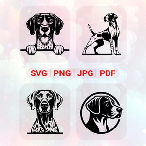 Könnte beinhalten: Vier schwarz-weiße Hundeillustrationen in quadratischem Layout. Die Hunde sind in verschiedenen Posen dargestellt, darunter einer, der über eine Kante blickt, und ein weiterer im Profil. Der Text "SVG | PNG | JPG | PDF" ist rot dargestellt.