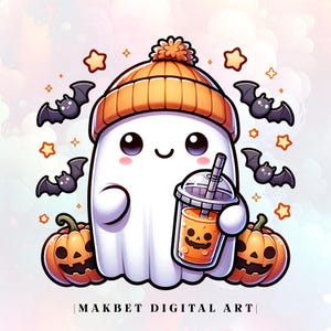 Kawaii Ghost Halloween PNG: Spooky Boba Drink Clipart (Digital Download)