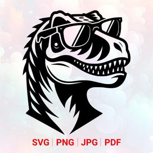 サングラスをかけた T-Rex の頭部 SVG: PNG、恐竜クリップアート、レーザーカットファイル (デジタルダウンロード)