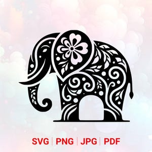 Floral Elephant SVG: PNG, Mandala, Boho Clipart, Laser Cut File (Digital Download)