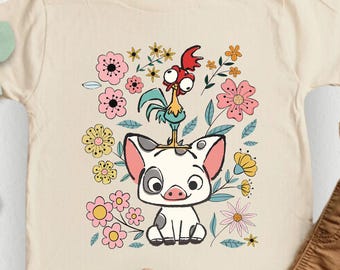 Retro 70s Pua And Hei Hei Floral Kids Shirt, Disney Moana Shirt, Disneyland Trip Shirt, Disney Friends Shirt, Kids Disney Trip, Besties Gift